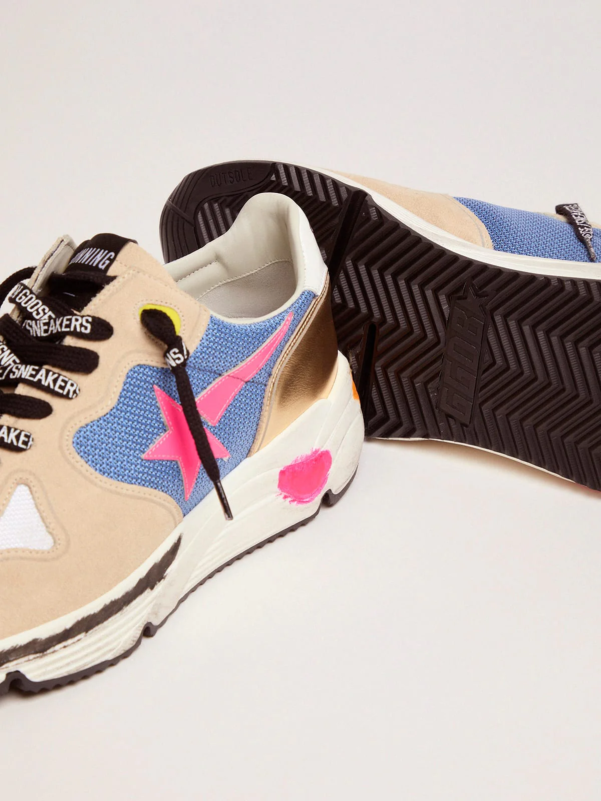 Women | Running Sole Sneakers Suede with Gold Detail | Beige x Sky x Fluo Pink x Gold - Image 3