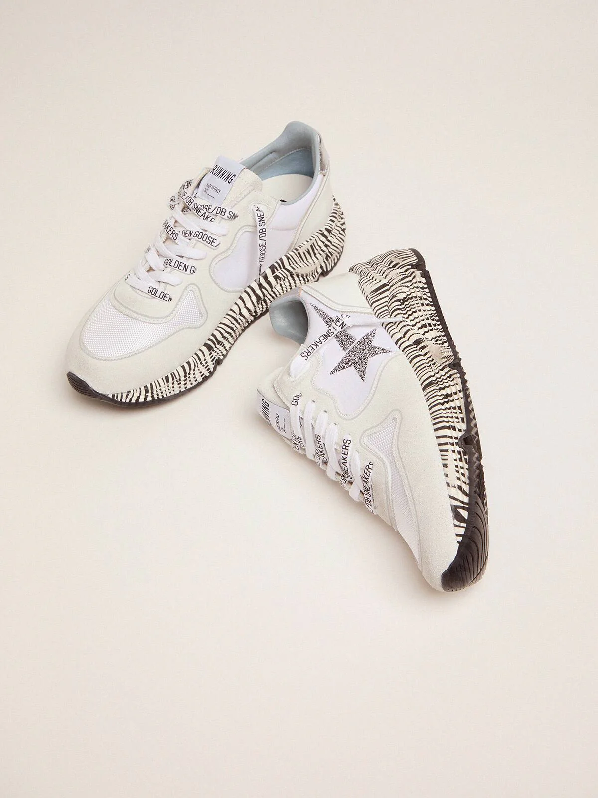 Women | Running Sole Sneakers with Zebra-Print Sole & Crystals | Optic White x White x Silver - Image 2
