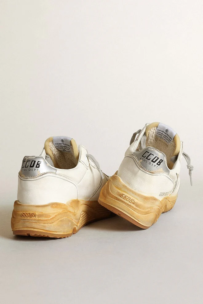 Women | Running Sole with Leather Star & Heel Tab with Silver Print | White x Silver x Beige - Image 4