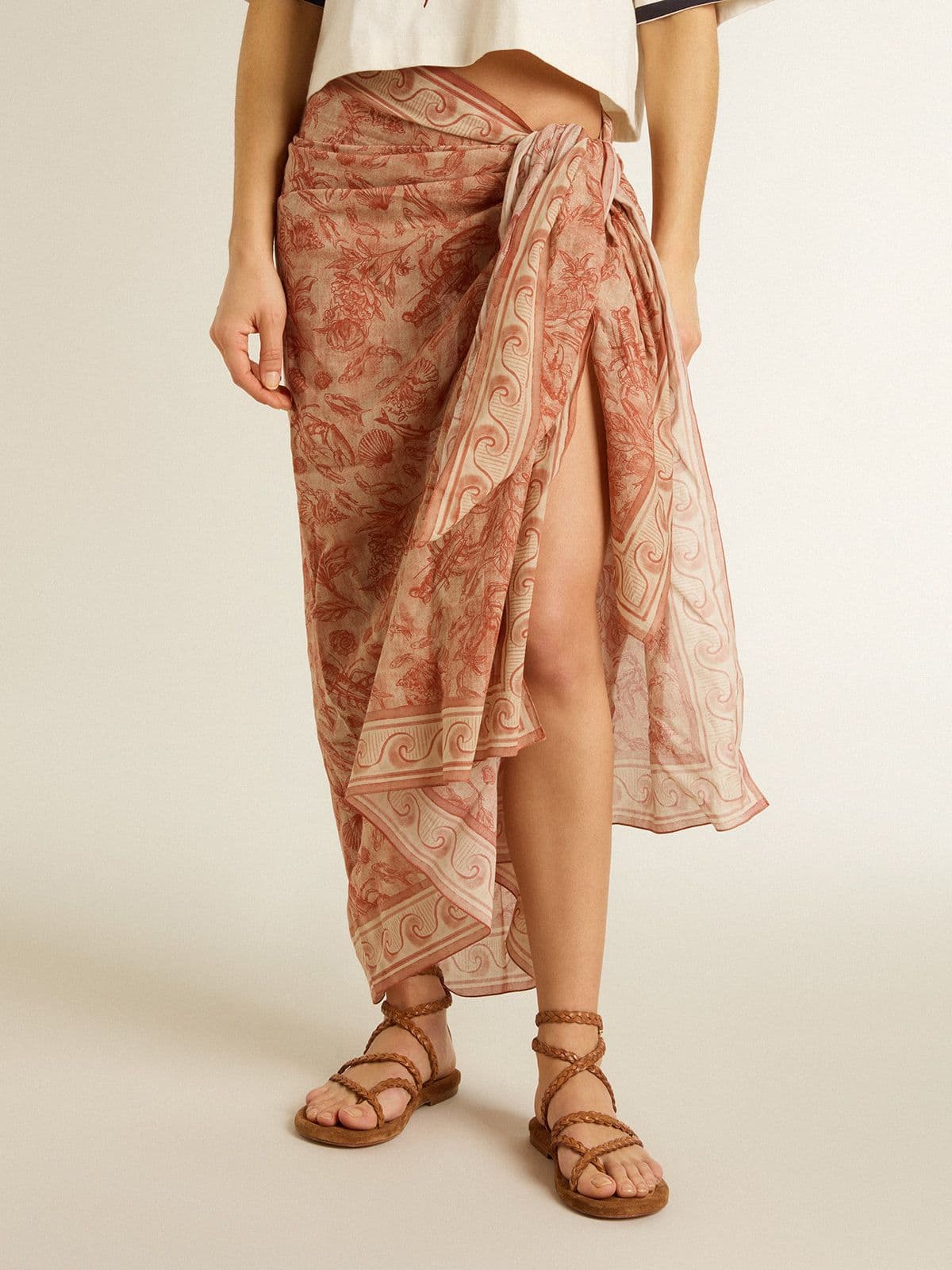 Women | Sarong Cotton Voile with All-Over Print White & Brick Red | Artic Wolf x Autumn Glaze - Image 3