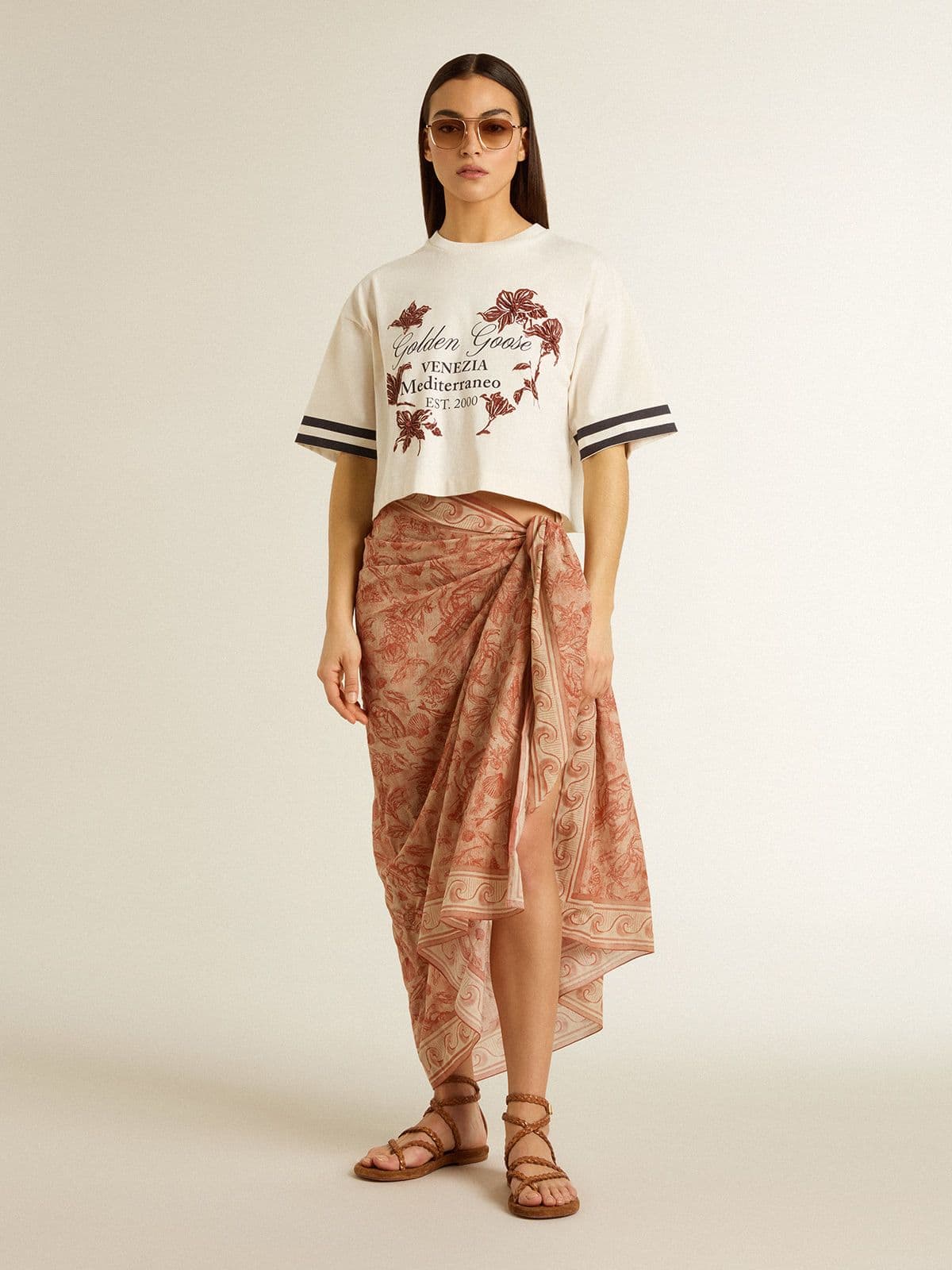 Women | Sarong Cotton Voile with All-Over Print White & Brick Red | Artic Wolf x Autumn Glaze - Image 7