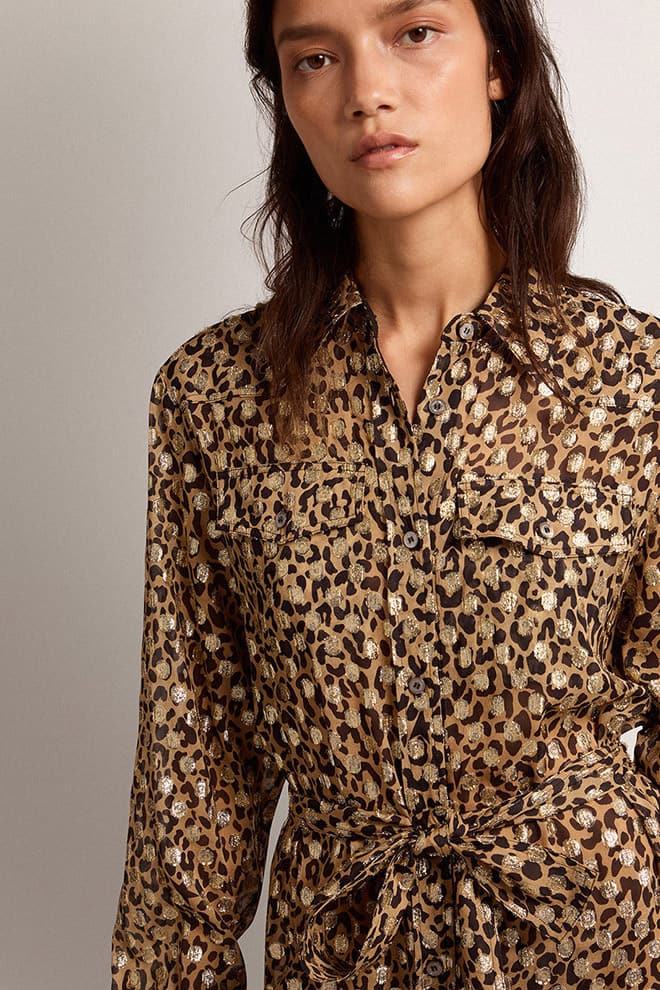 Women | Shirt Dress with Animal Print & Gold Fil Coupé | Tannin x Black x Gold - Image 3