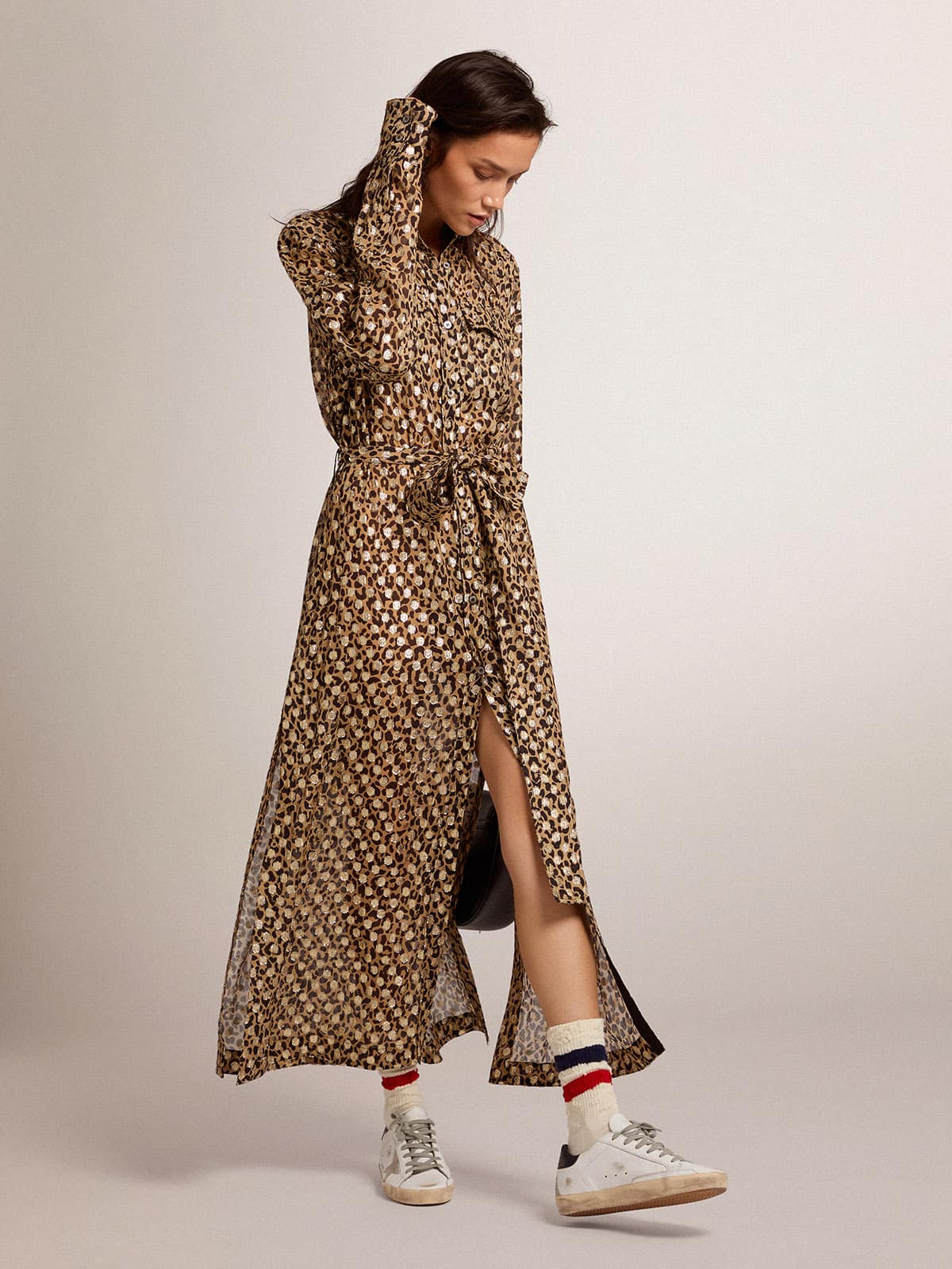 Women | Shirt Dress with Animal Print & Gold Fil Coupé | Tannin x Black x Gold - Image 6