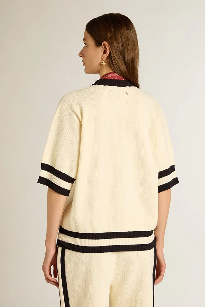 Women | Short-Sleeved Sweater Vintage White with Blue Rib Knit | Antique White x Ink Blue - Image 10