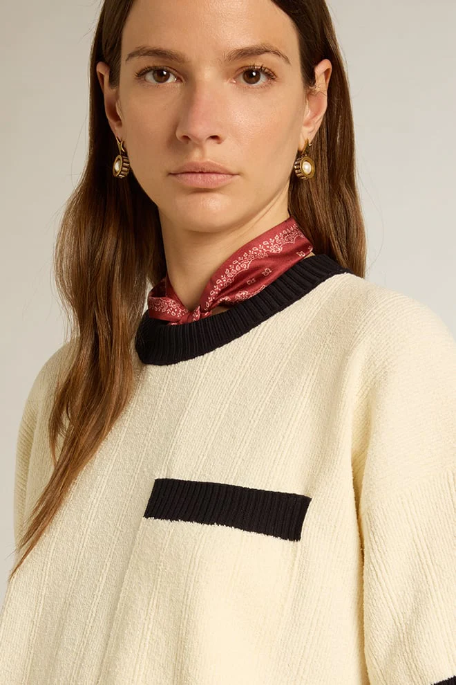 Women | Short-Sleeved Sweater Vintage White with Blue Rib Knit | Antique White x Ink Blue - Image 11