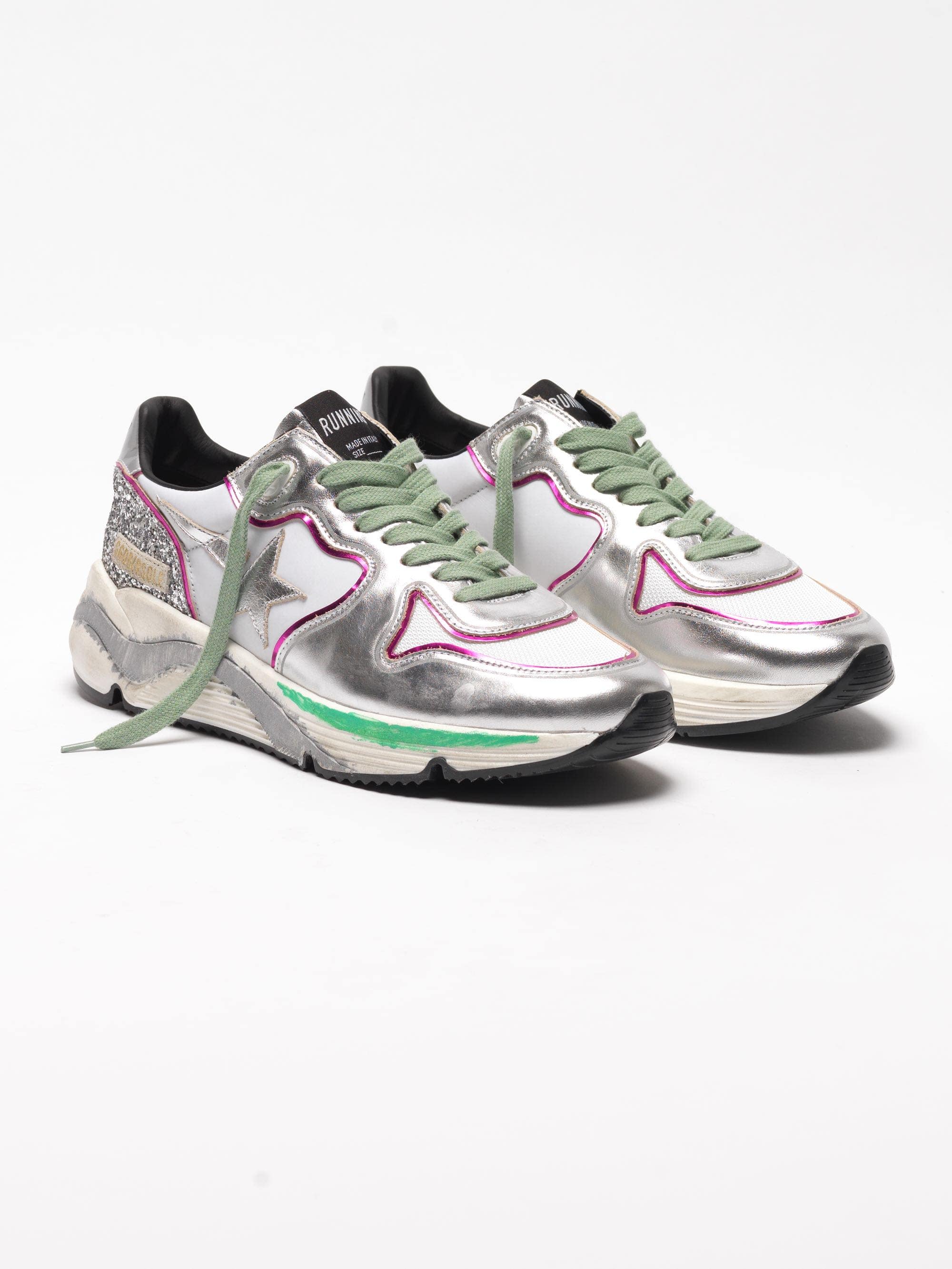 Women | Silver Running Sole Sneakers with Glitter & Fuchsia Edging - Image 2
