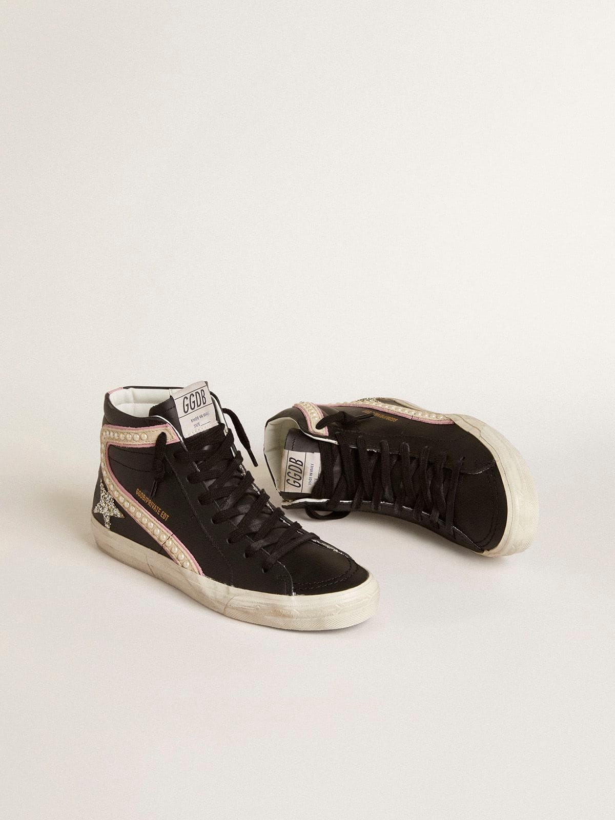 Women | Slide Ltd with Platinum Glitter Star & Suede Flash with Pearls | Black x Platinum x Beige x Antique Pink - Image 3