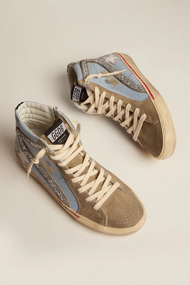 Women | Slide Powder Blue Leather with Dove Gray Suede Tongue | Powder Blue x Taupe x White x Silver