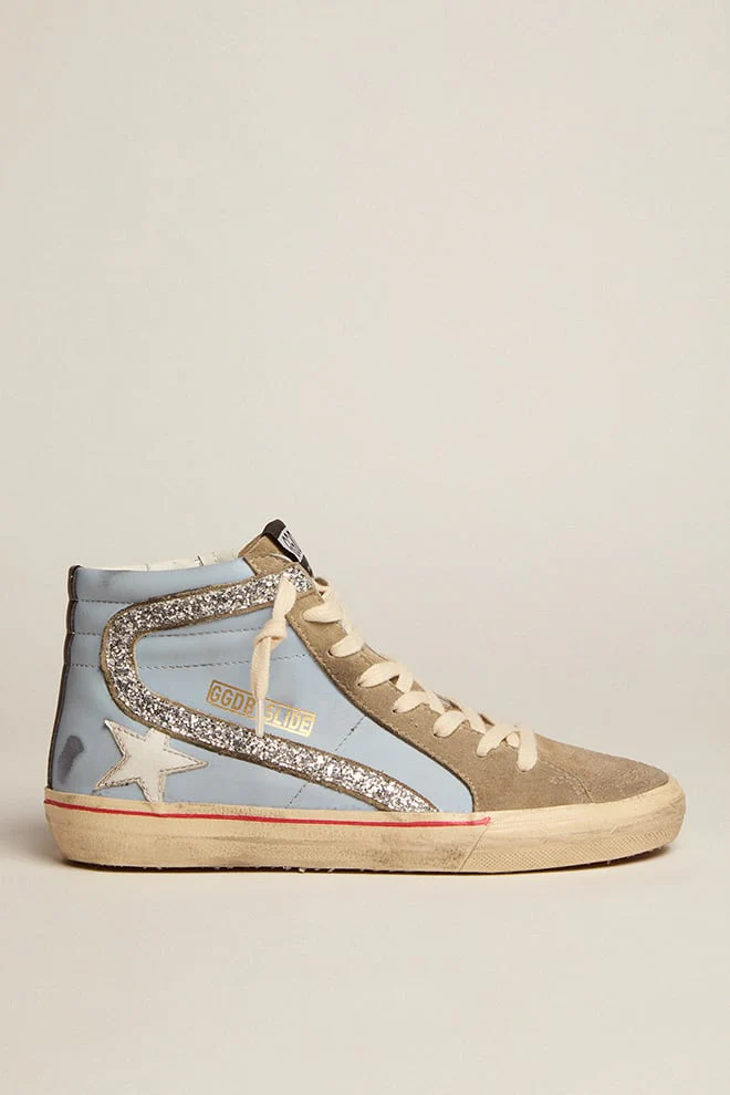 Women | Slide Powder Blue Leather with Dove Gray Suede Tongue | Powder Blue x Taupe x White x Silver - Image 4