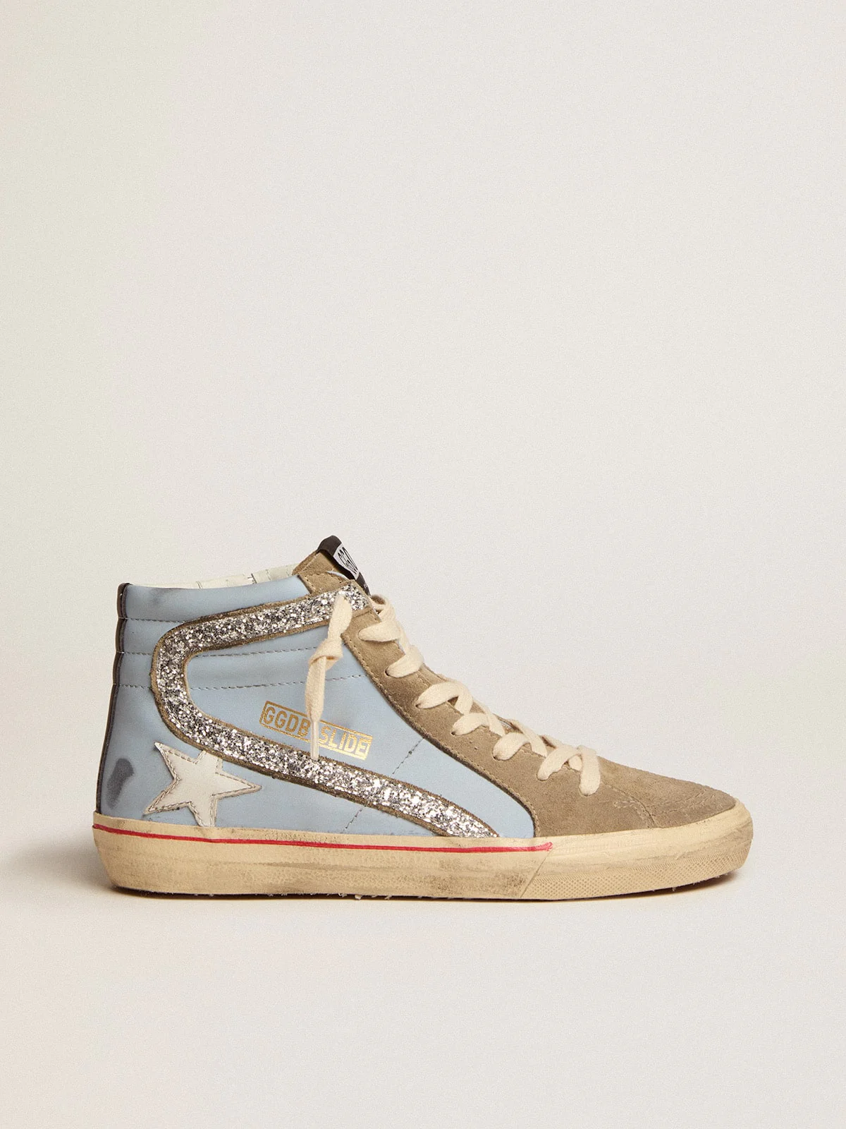 Women | Slide Powder Blue Leather with Dove Gray Suede Tongue | Powder Blue x Taupe x White x Silver - Image 8