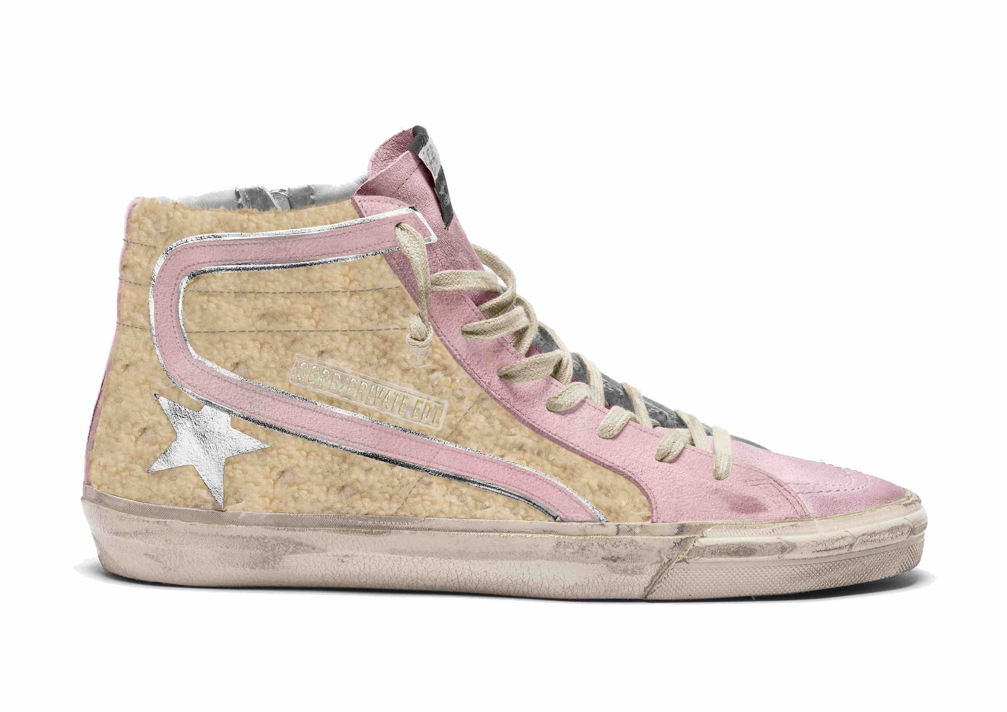 Women | Slide Sneakers Shearling with Slight Pink Suede Details | Beige x Baby Pink x Silver