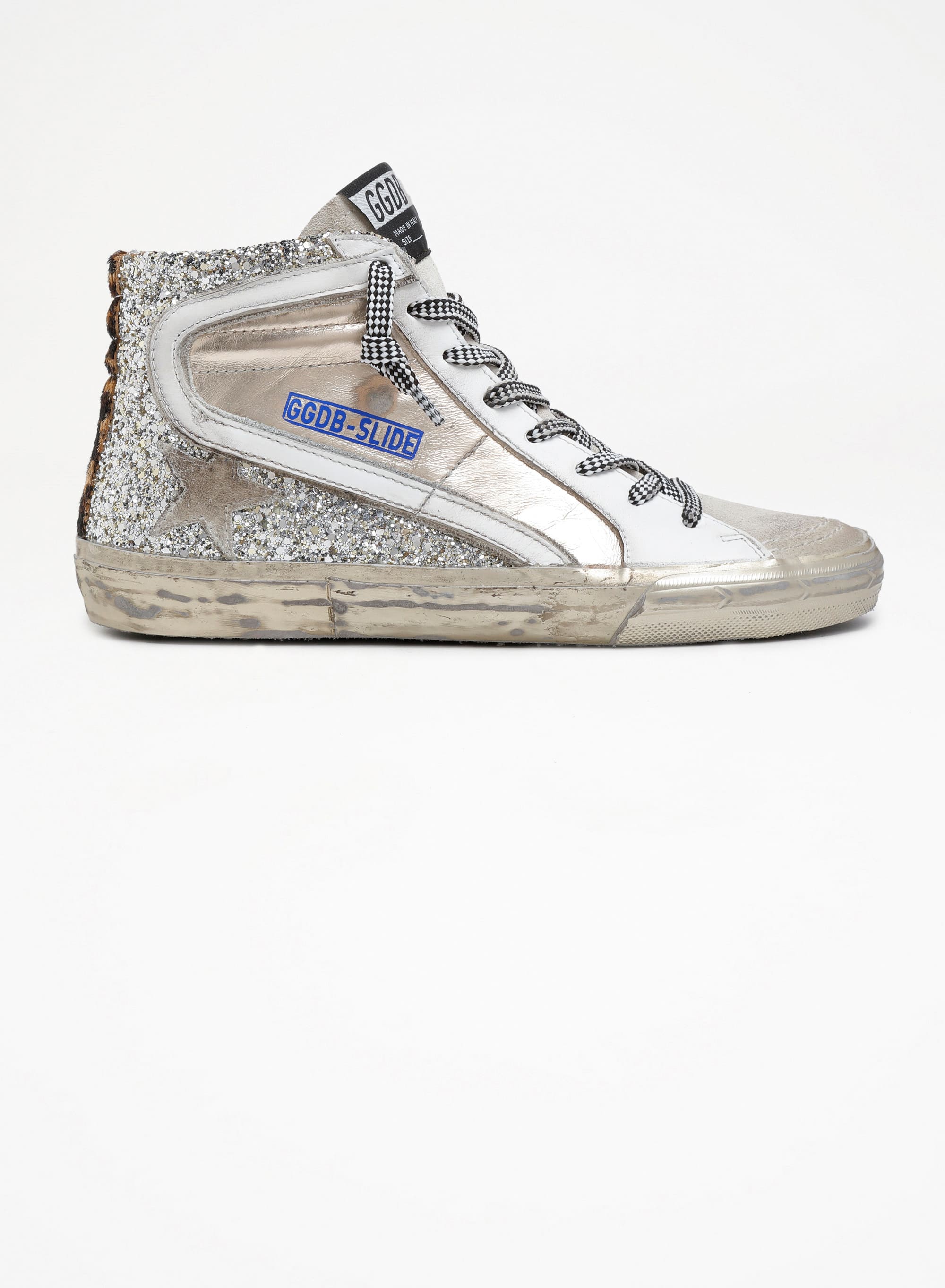 Women | Slide Sneakers Silver Glitter & Bronze Leather with White Leather Flash & Suede Star | Gold x Ice x White x Beige Brown Leo - Image 4