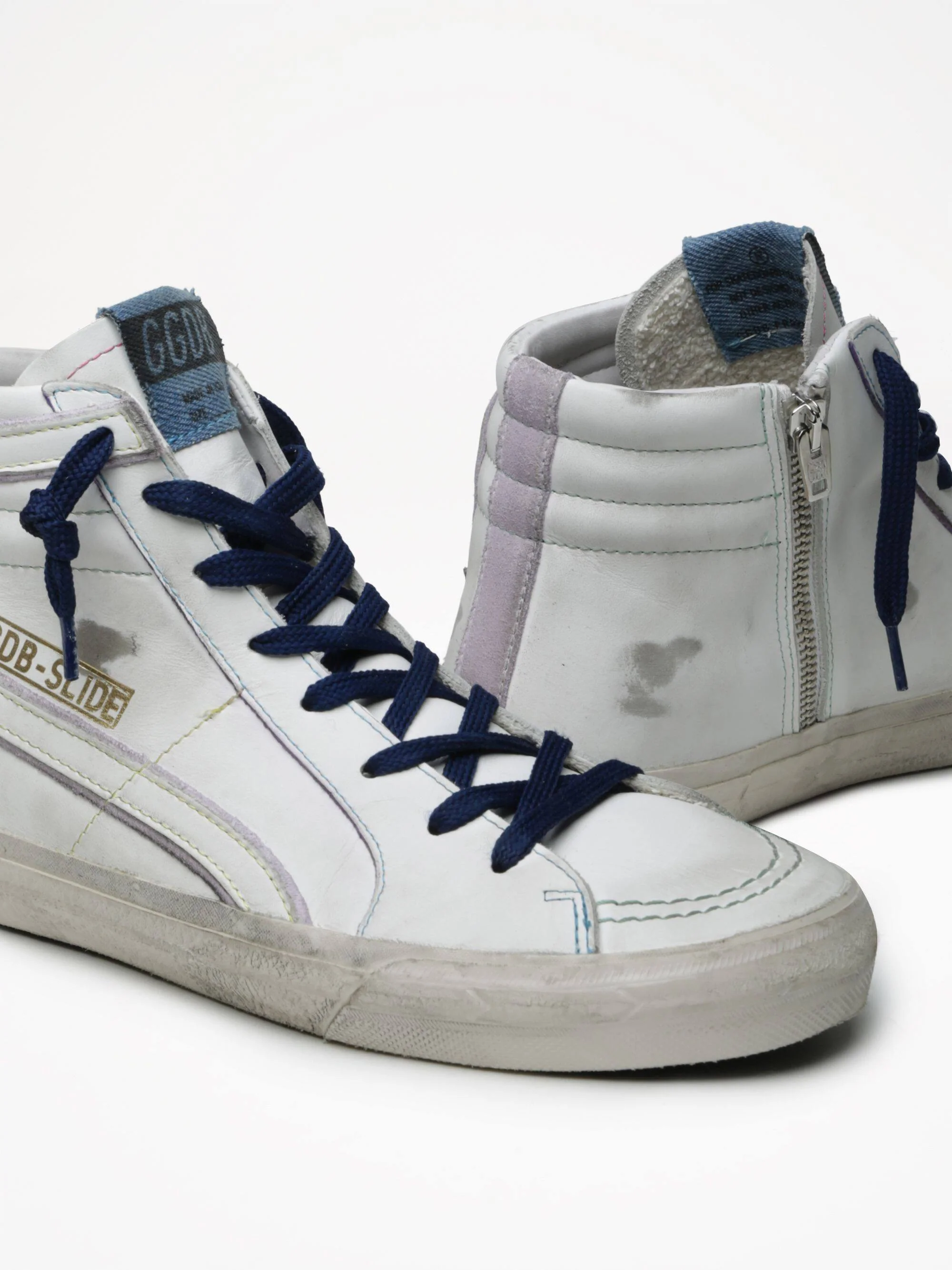 Women | Slide Sneakers White Leather with Star & Flash White | White x Lavender
