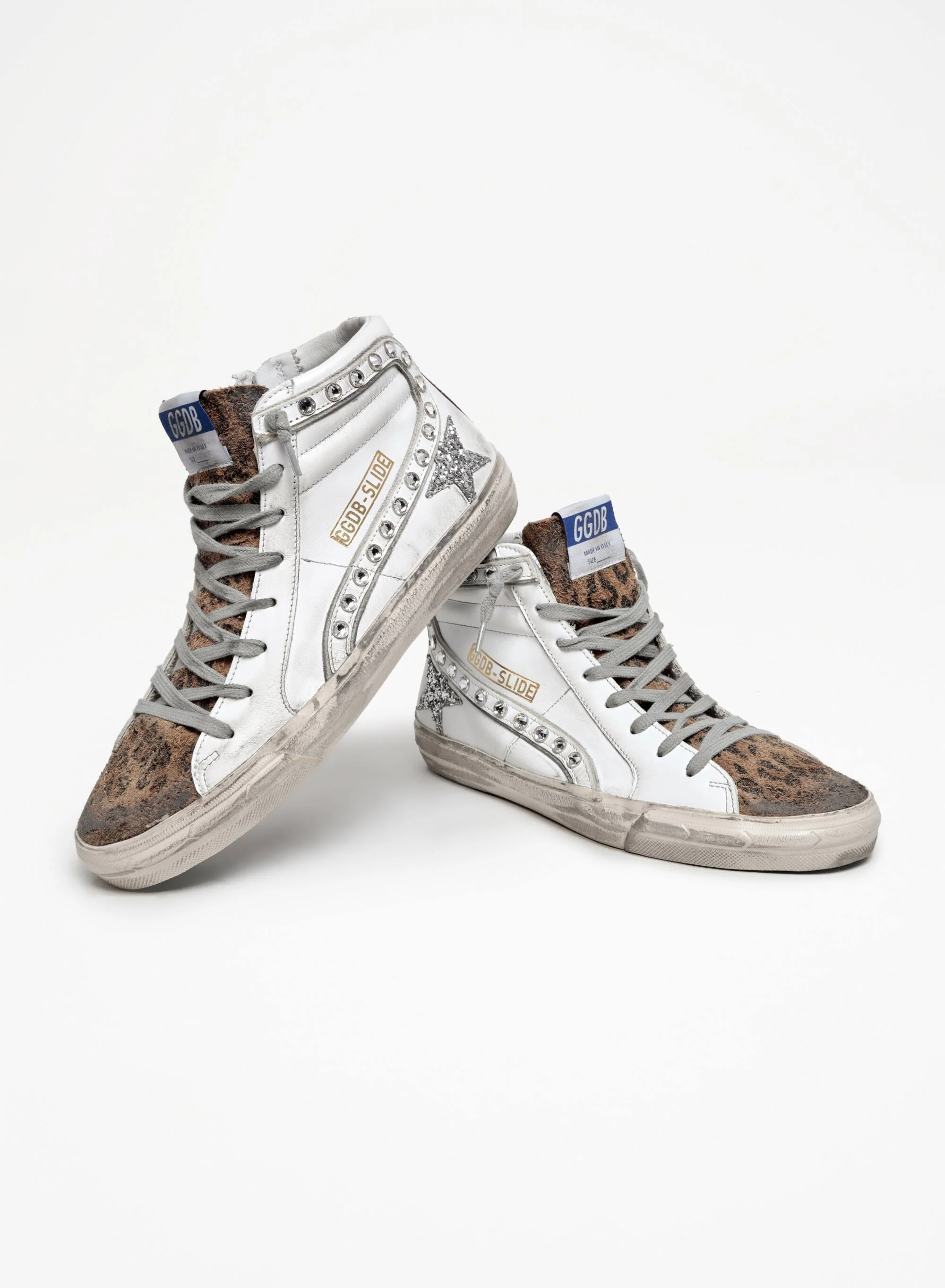 Women | Slide Sneakers White Leather with Studded Flash & Silver Glitter Star | White x Beige Brown Black x Silver x Magenta