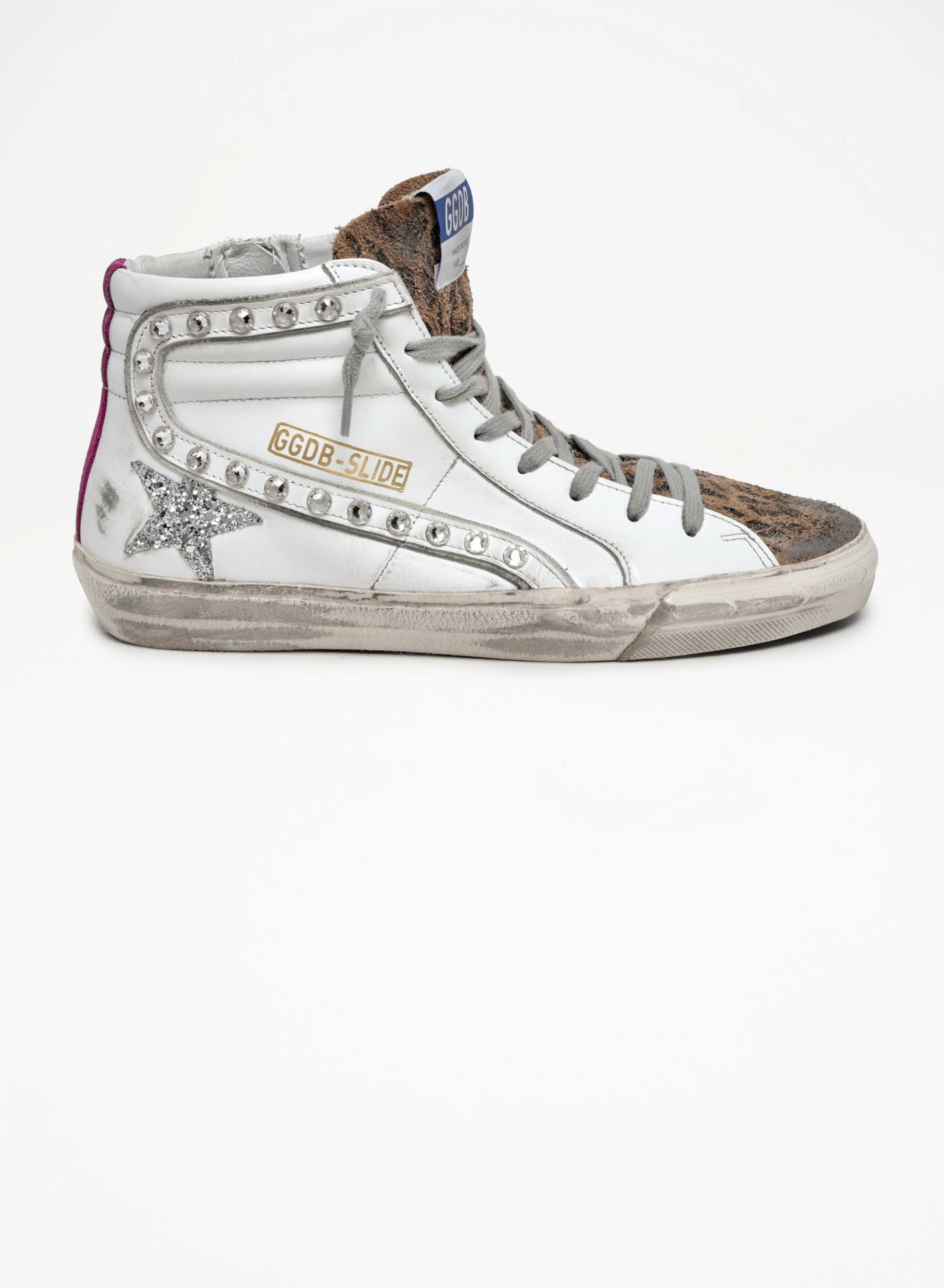 Women | Slide Sneakers White Leather with Studded Flash & Silver Glitter Star | White x Beige Brown Black x Silver x Magenta - Image 4