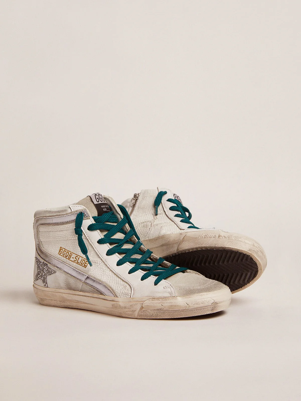 Women | Slide Sneakers with Snake-Print Leather Upper & Glitter Star | White x Ice x Silver - Image 6