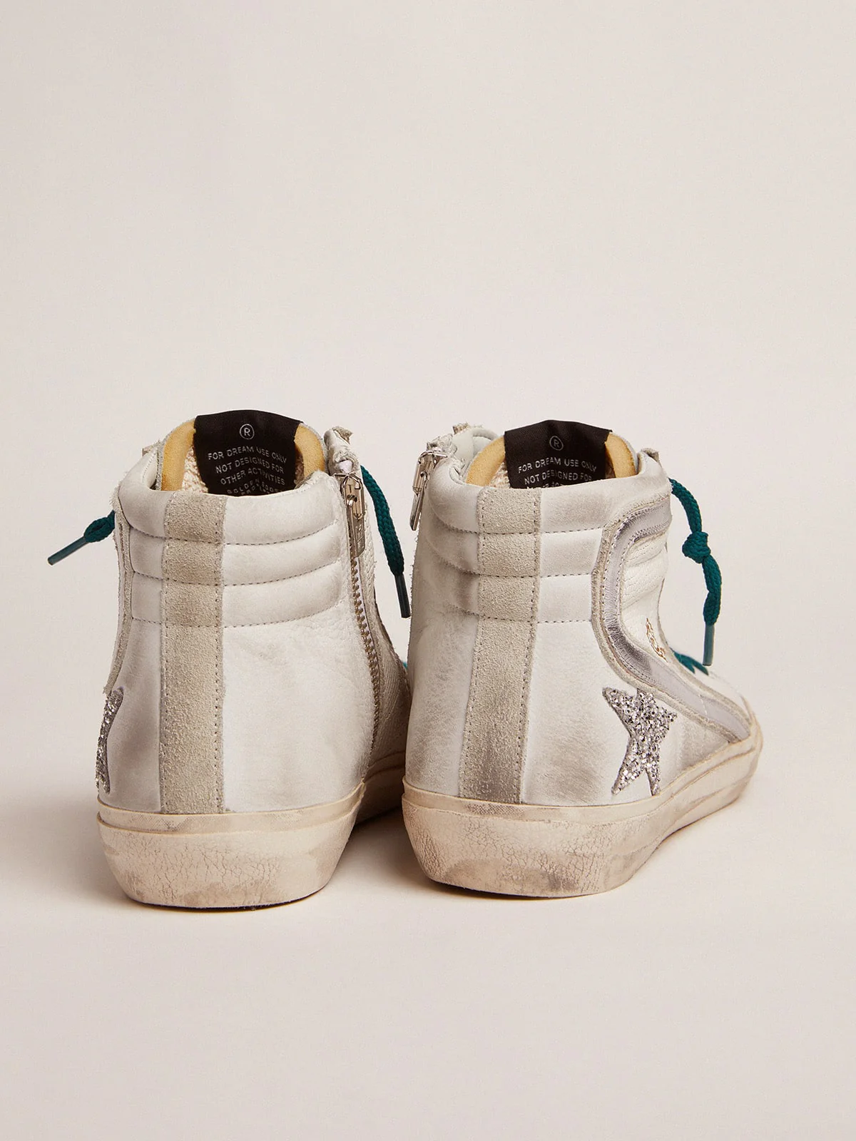 Women | Slide Sneakers with Snake-Print Leather Upper & Glitter Star | White x Ice x Silver - Image 8