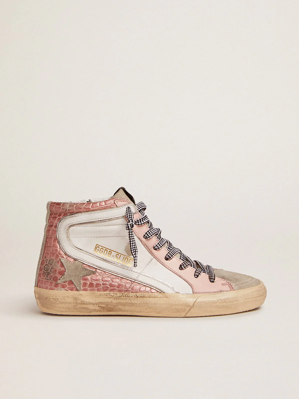 Women | Slide Sneakers with White Leather & Pink Crocodile-Print Leather Upper | White x Ice x Pink