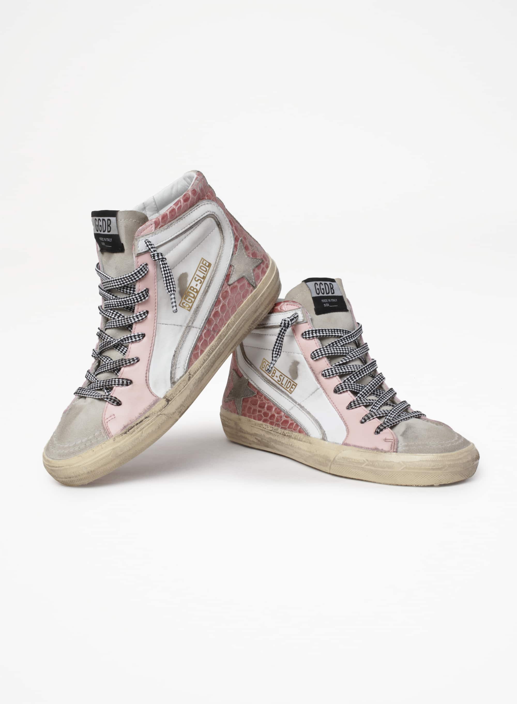 Women | Slide Sneakers with White Leather & Pink Crocodile-Print Leather Upper | White x Ice x Pink - Image 2