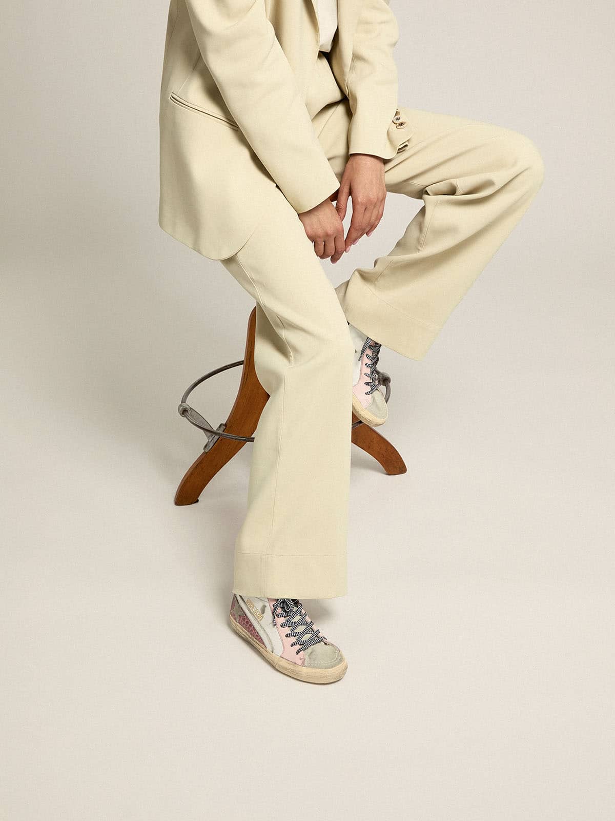 Women | Slide Sneakers with White Leather & Pink Crocodile-Print Leather Upper | White x Ice x Pink - Image 3
