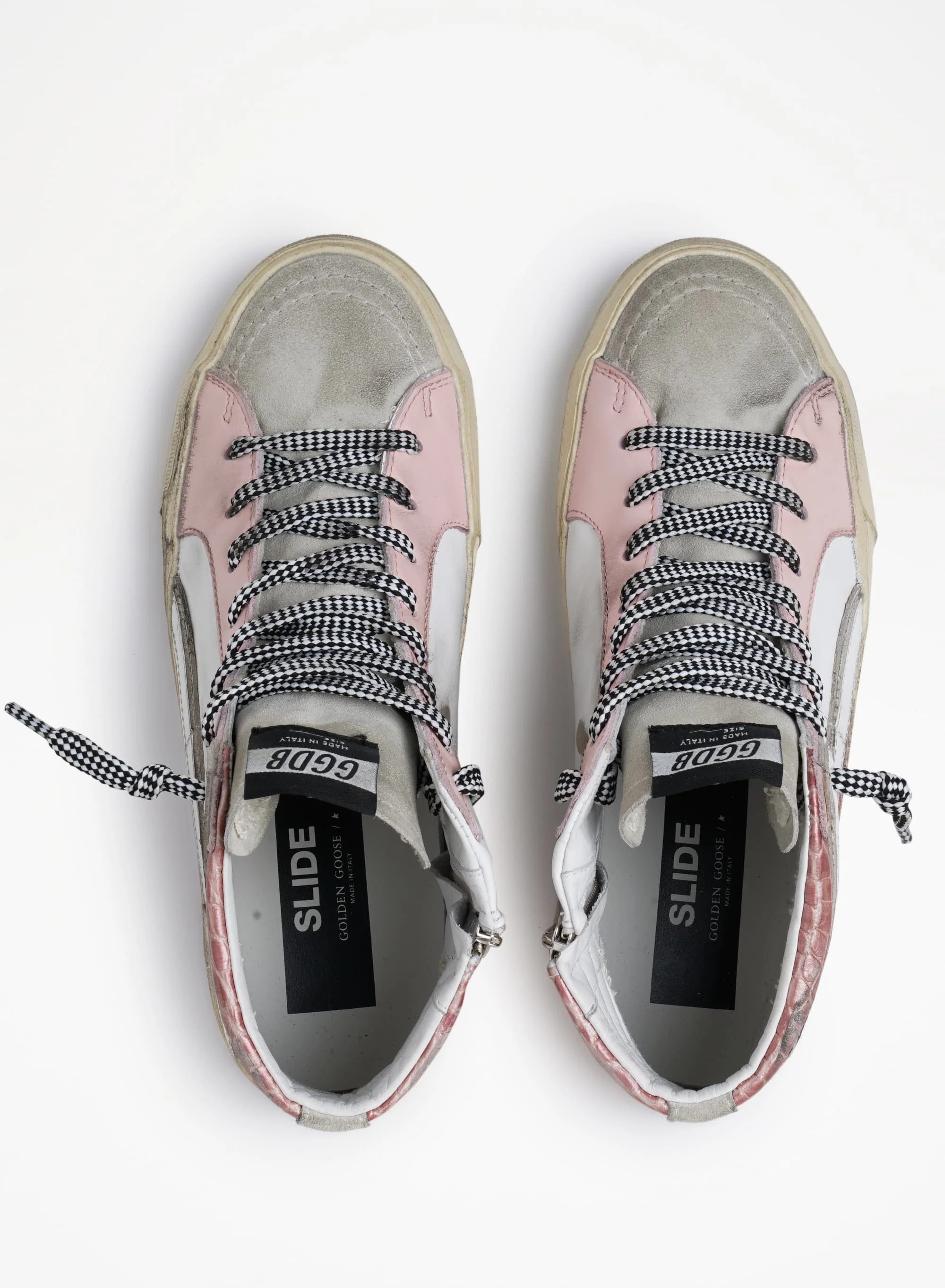Women | Slide Sneakers with White Leather & Pink Crocodile-Print Leather Upper | White x Ice x Pink - Image 5