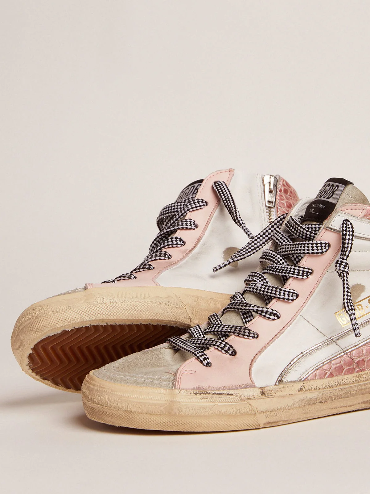 Women | Slide Sneakers with White Leather & Pink Crocodile-Print Leather Upper | White x Ice x Pink - Image 6