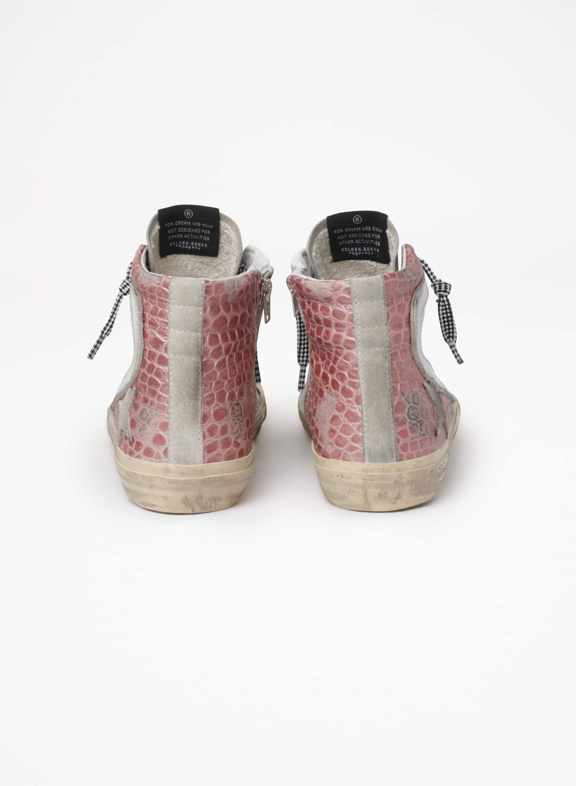 Women | Slide Sneakers with White Leather & Pink Crocodile-Print Leather Upper | White x Ice x Pink - Image 7