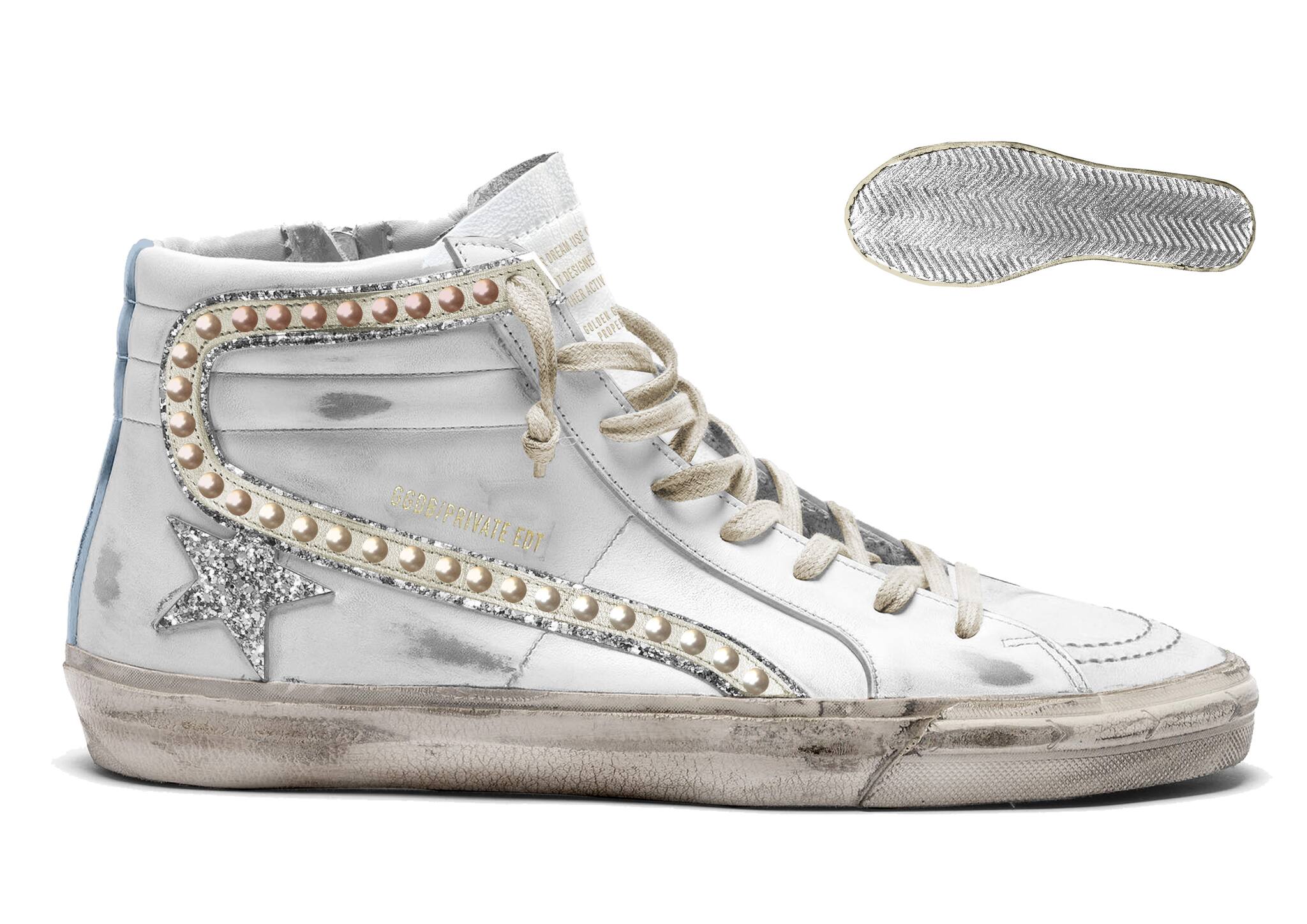 Women | Slide White Leather with Flash Pearls & Silver Glitter Star | Optic Whte x Silver x Blue Fog