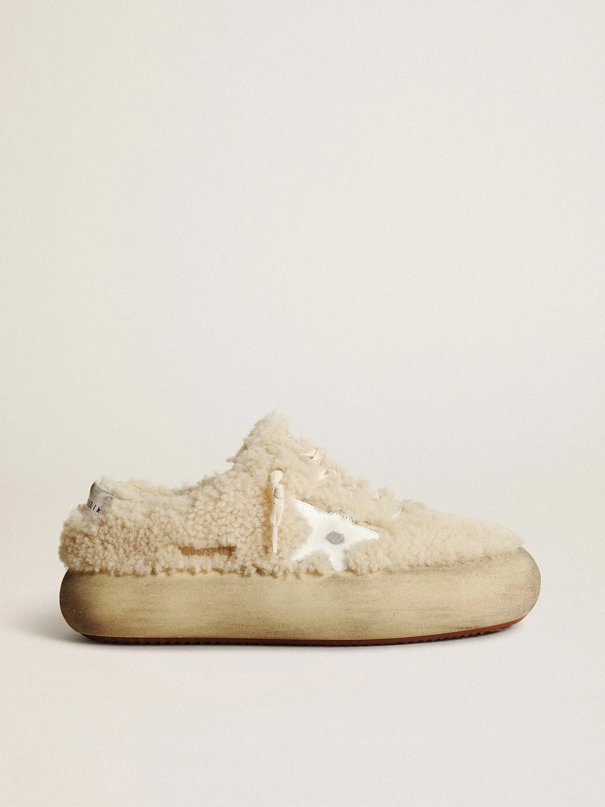 Women | Space-Star Shoes Beige Shearling with White Leather Star & Metallic Leather Heel Tab | Beige x White - Image 2