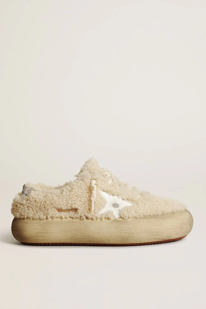 Women | Space-Star Shoes Beige Shearling with White Leather Star & Metallic Leather Heel Tab | Beige x White - Image 3