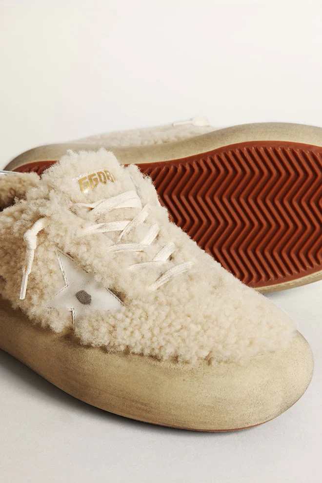 Women | Space-Star Shoes Beige Shearling with White Leather Star & Metallic Leather Heel Tab | Beige x White - Image 7