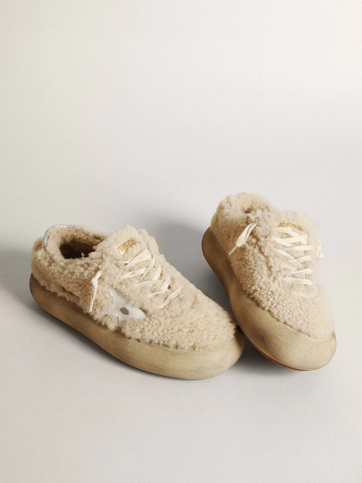 Women | Space-Star Shoes Beige Shearling with White Leather Star & Metallic Leather Heel Tab | Beige x White - Image 8