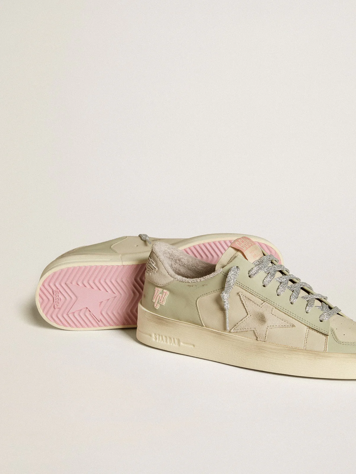 Women | Stardan Nappa & Leather with Suede Star & Heel Tab | Beige x Light Green - Image 6