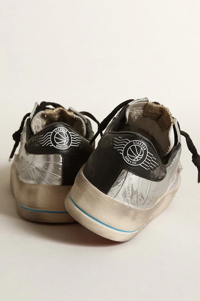 Women | Stardan Sneakers Silver Laminated with Net Star & Black Heel Tab | White x Silver x Black - Image 4