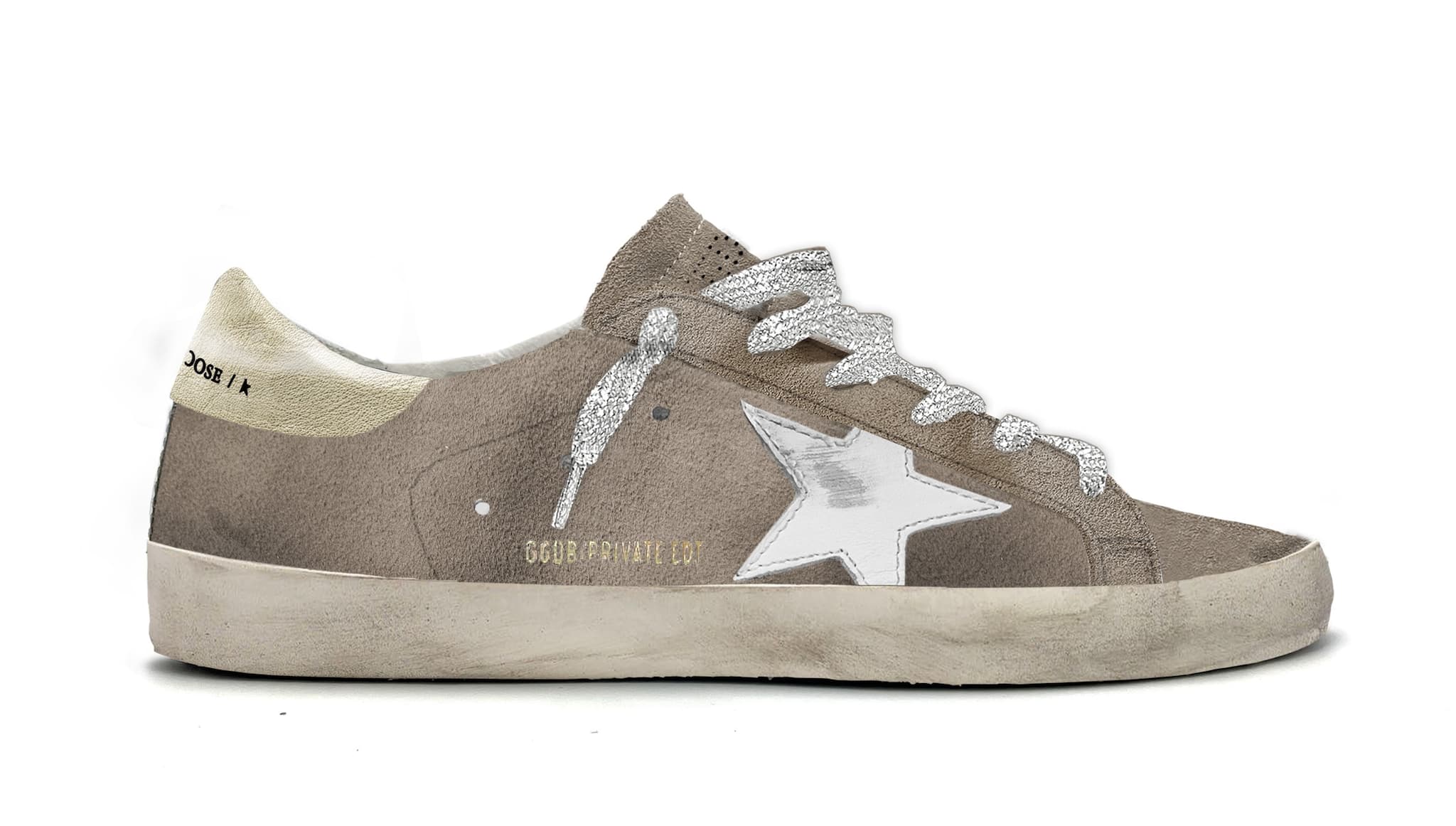 Women | Super Star Beige Suede Upper & Leather Toe with White Star & Platinum Laminated Heel | Beige Larice x Platinum