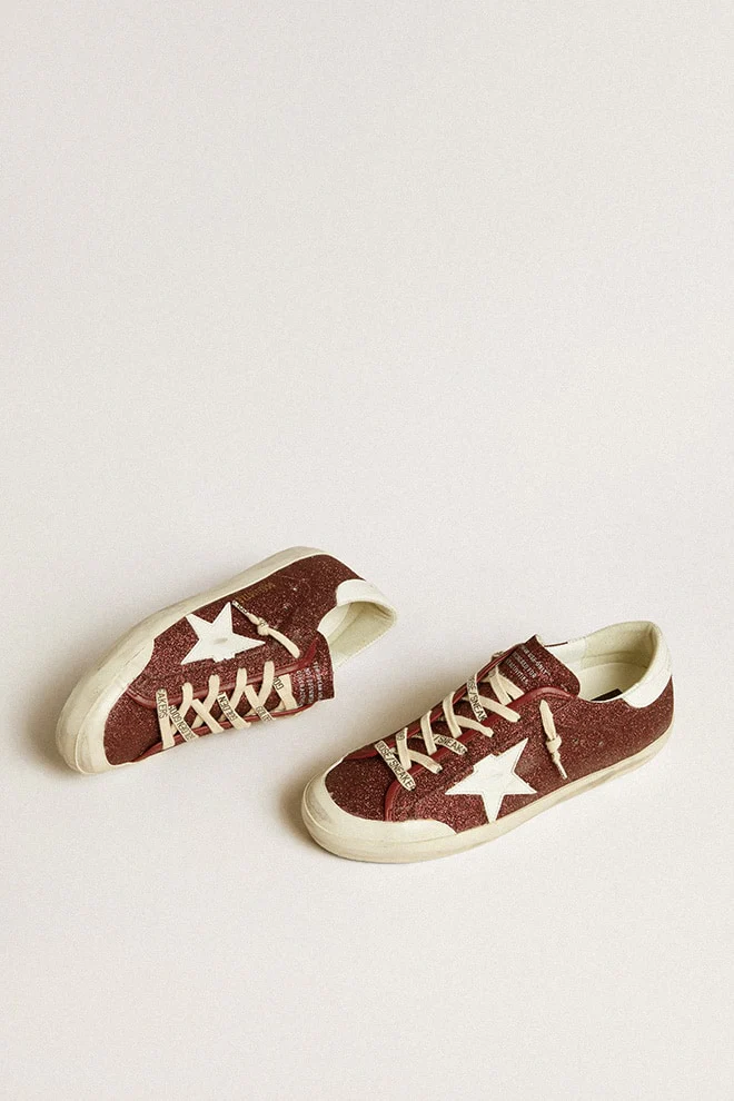 Women | Super-Star Burgundy Glitter with Star & White Heel Tab | Bordeaux x White