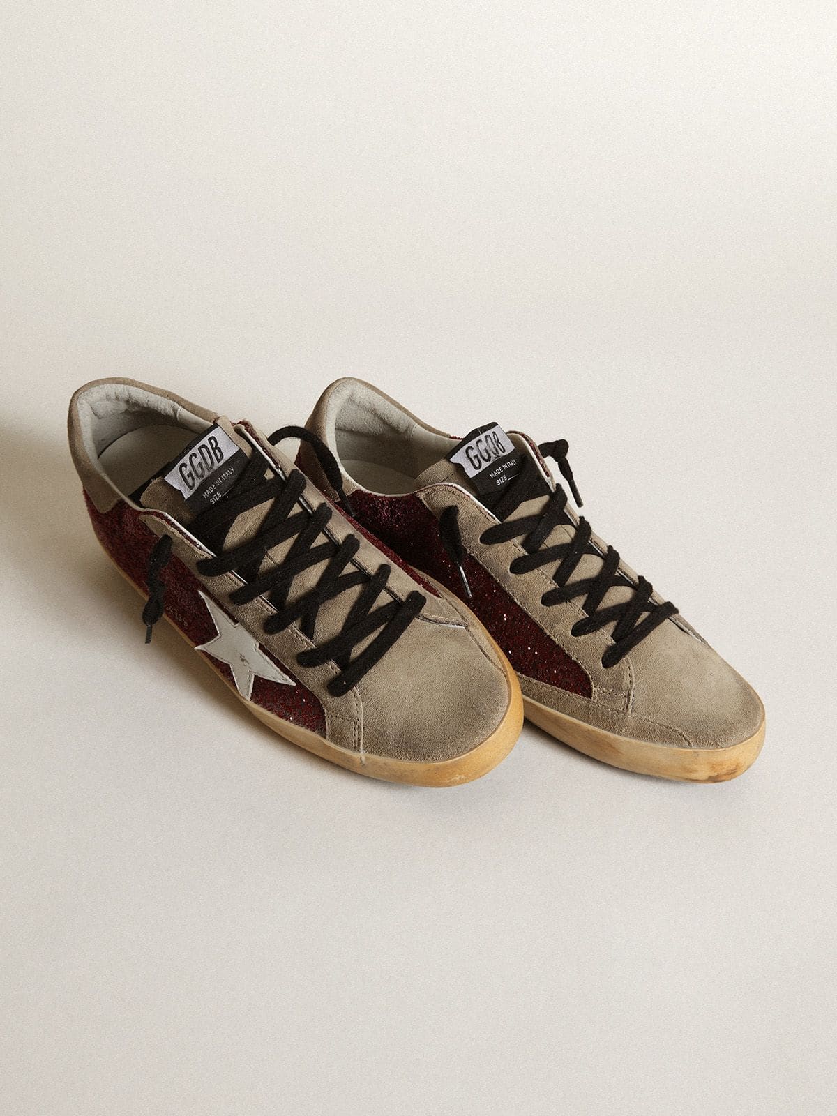 Women | Super-Star Burgundy Glitter with White Leather Star & Dove-Gray Suede Tongue | Bordeaux x Taupe x White