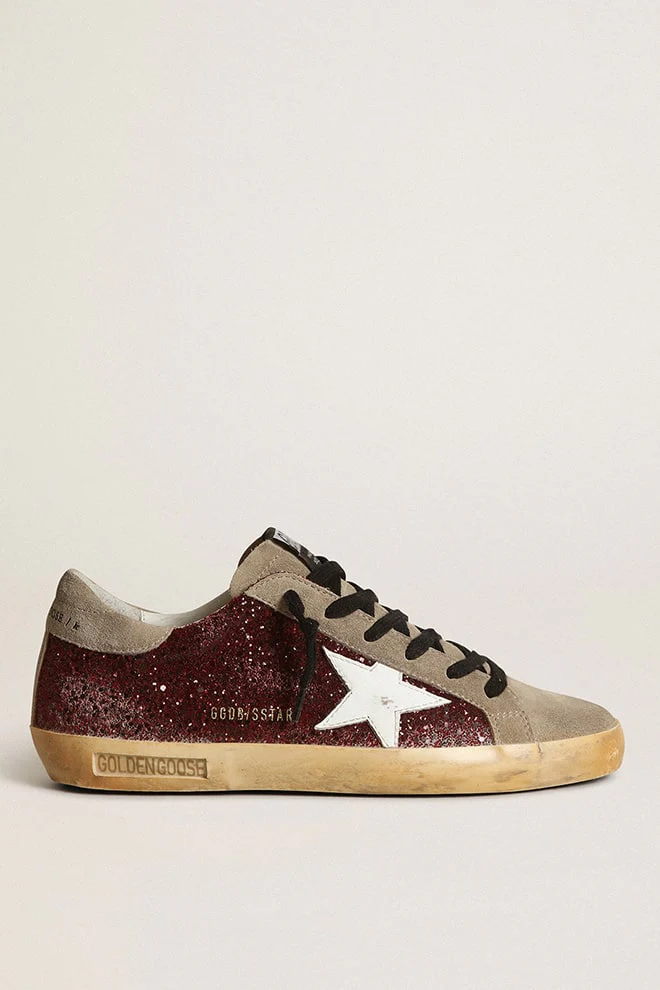 Women | Super-Star Burgundy Glitter with White Leather Star & Dove-Gray Suede Tongue | Bordeaux x Taupe x White - Image 3