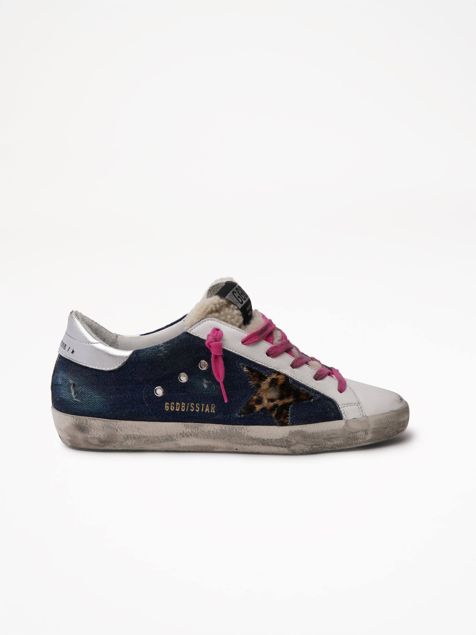 Women | Super-Star Denim Upper Leopard Horsy Star Laminated | Blue x White x Brown Leo x Silver - Image 2