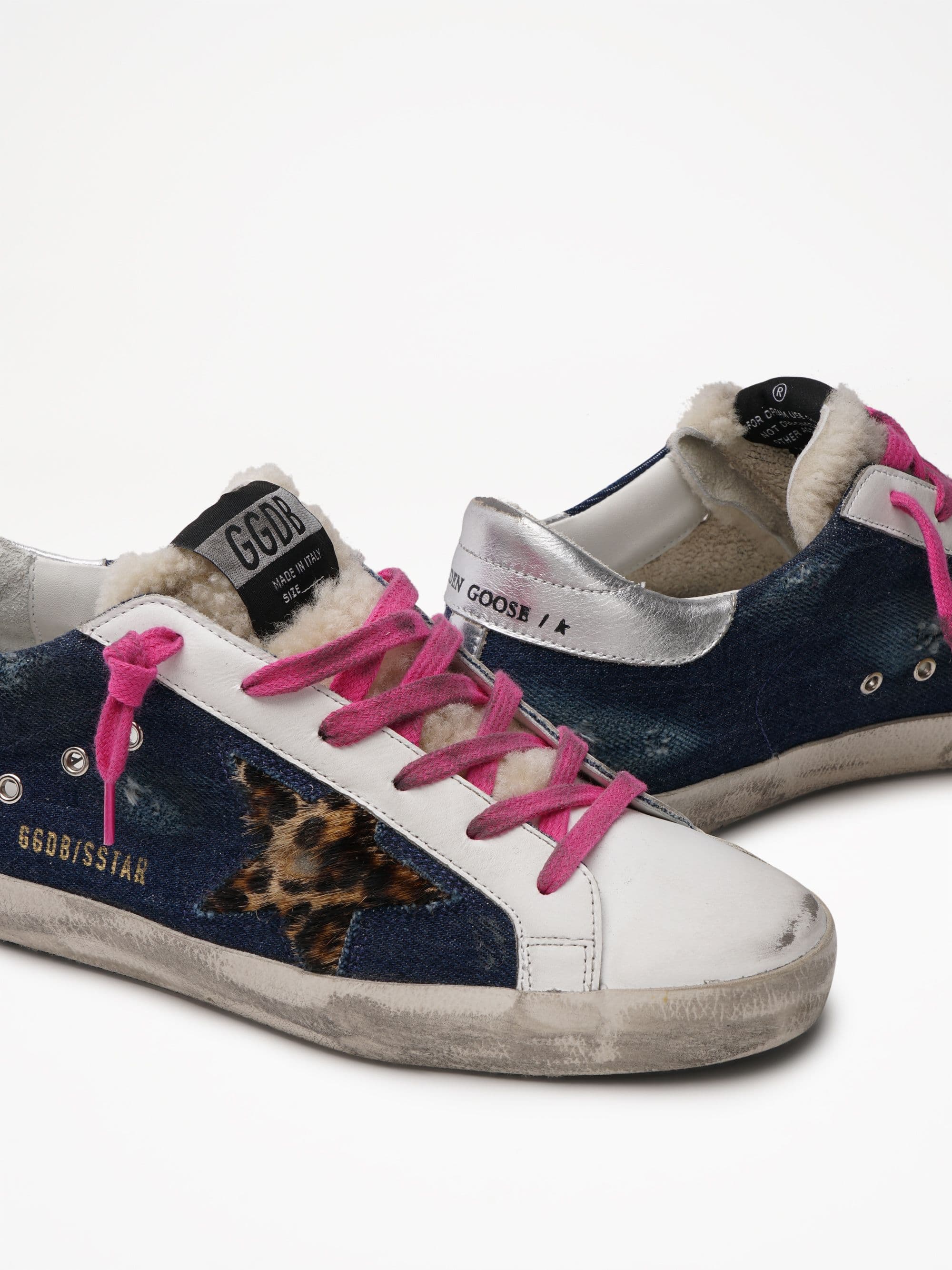 Women | Super-Star Denim Upper Leopard Horsy Star Laminated | Blue x White x Brown Leo x Silver - Image 3