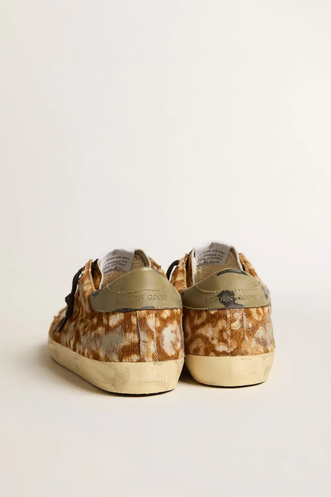 Women | Super-Star Lab Leopard Pony Skin with Gold Star & Gray Heel Tab | Leo Hazelnut x Light Grey x Gold x Grey x Blue