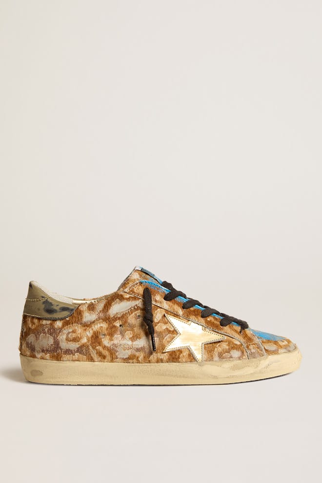Women | Super-Star Lab Leopard Pony Skin with Gold Star & Gray Heel Tab | Leo Hazelnut x Light Grey x Gold x Grey x Blue - Image 6