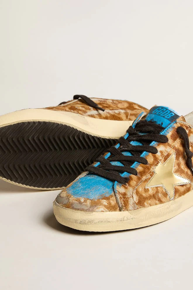 Women | Super-Star Lab Leopard Pony Skin with Gold Star & Gray Heel Tab | Leo Hazelnut x Light Grey x Gold x Grey x Blue - Image 8
