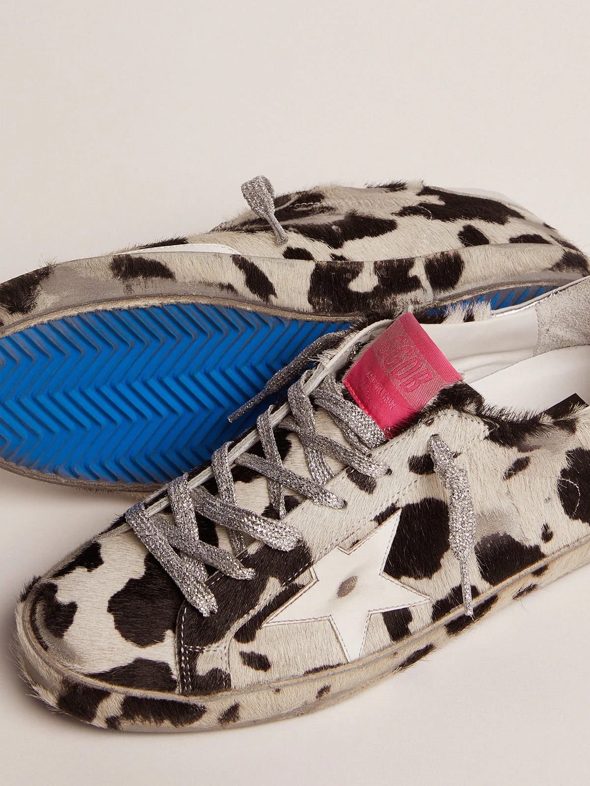 Women | Super-Star Lab Sneakers Cow-Print Pony Skin & White Leather Star | White Black Cow x White x Silver x Fluo Yellow