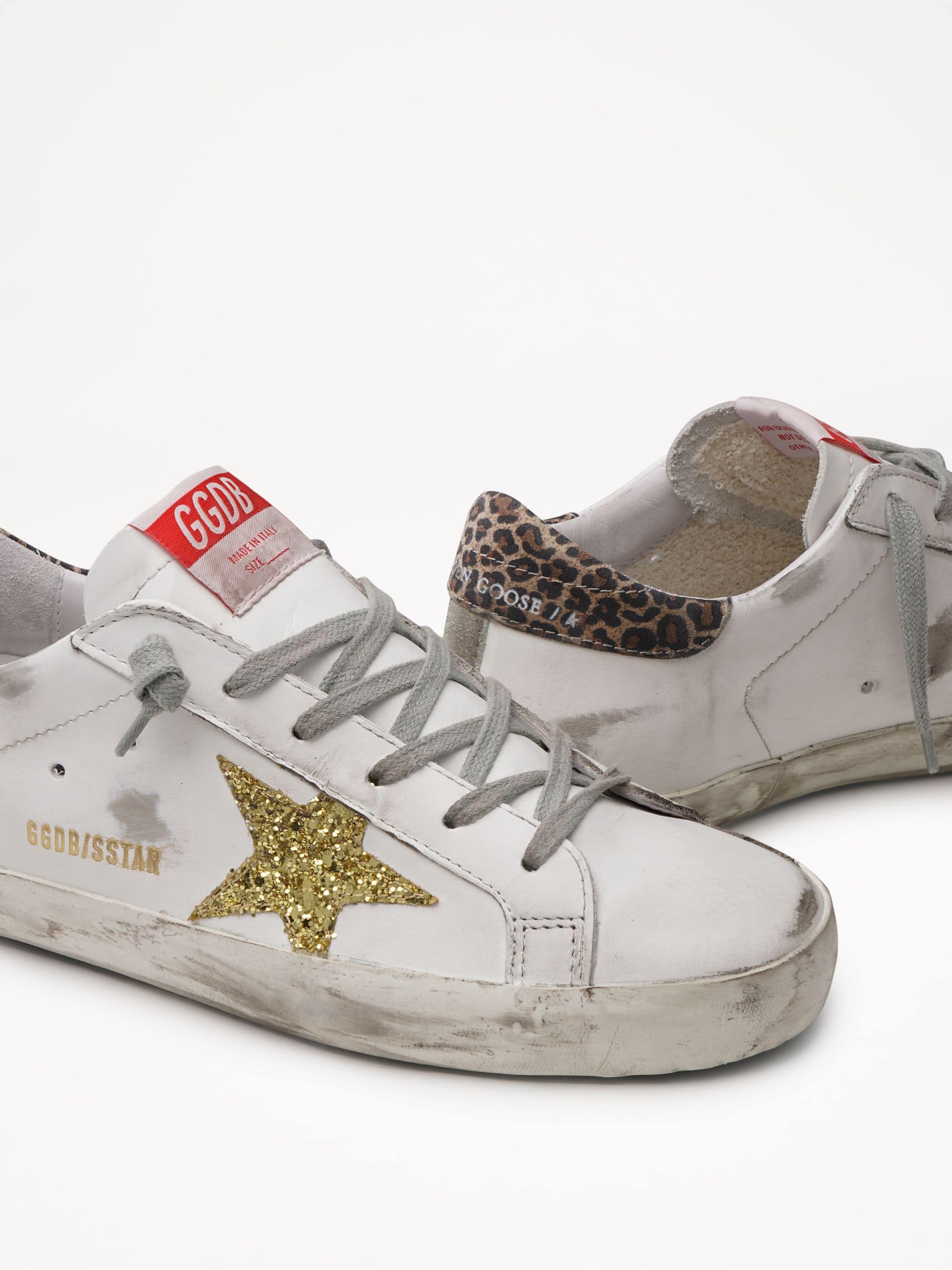 Women | Super-Star Leather Upper Glitter Star Leopard Suede | White x Gold Yellow x Beige Brown Leo