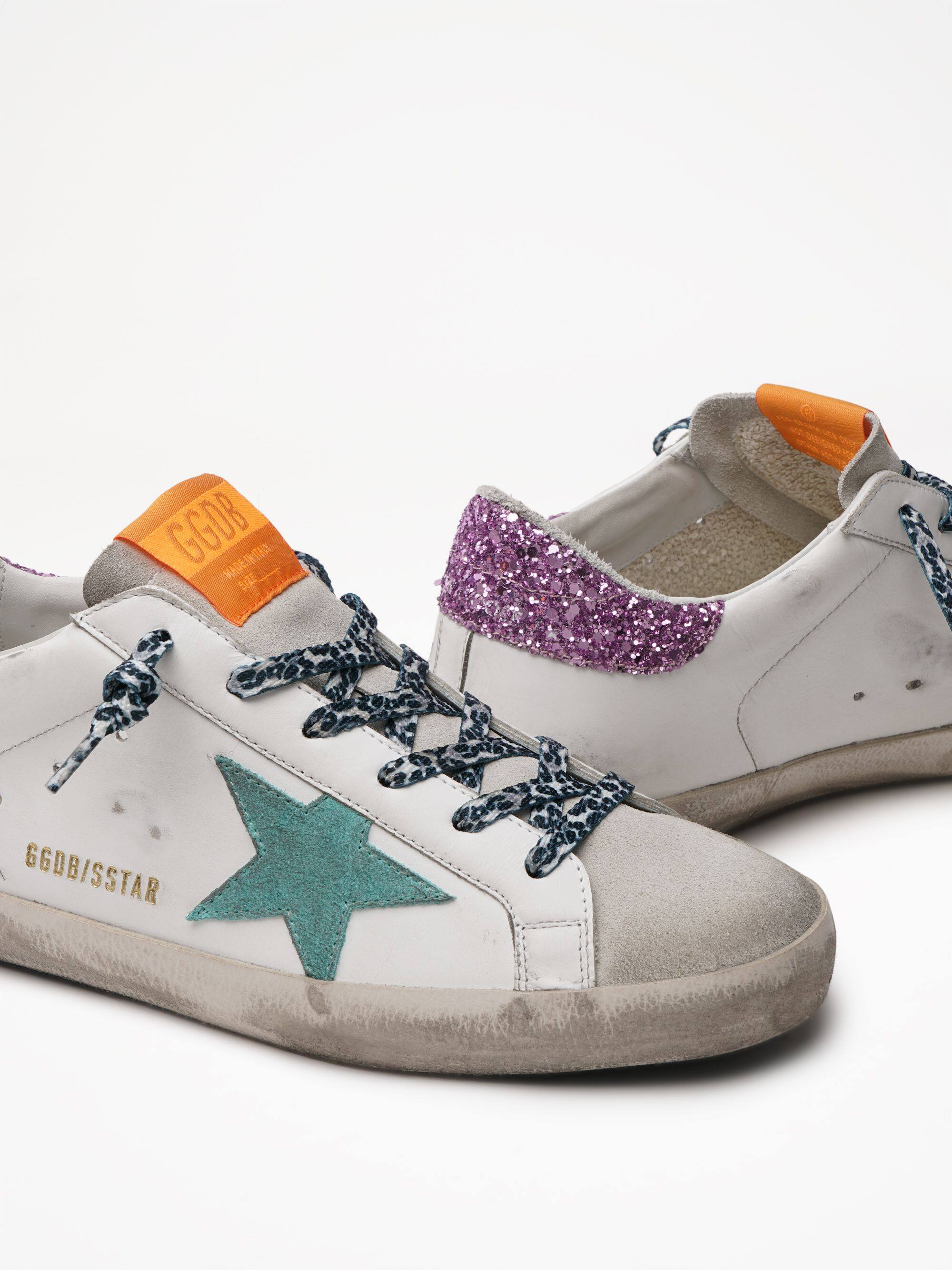 Women | Super-Star Leather Upper Suede Star Glitter Heel | Ice x White x Aquamarine x Pink