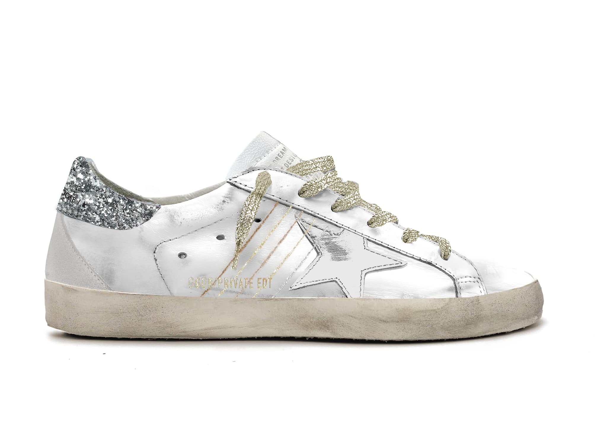 Women | Super-Star Leather with Silver Glitter Heel Tab | Optic White x Silver