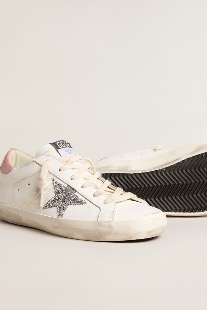 Women | Super-Star Leather with Silver Glitter Star & Pink Heel Tab | White x Silver x Pink