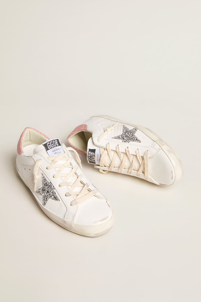 Women | Super-Star Leather with Silver Glitter Star & Pink Heel Tab | White x Silver x Pink - Image 2