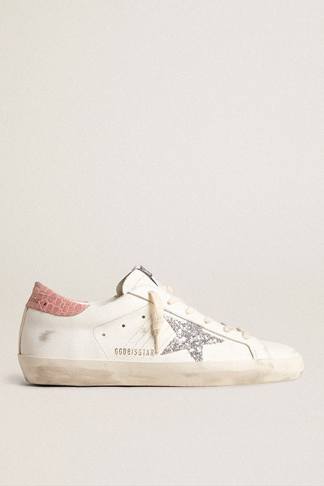 Women | Super-Star Leather with Silver Glitter Star & Pink Heel Tab | White x Silver x Pink - Image 4